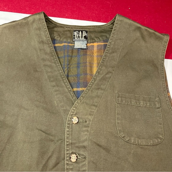 Gap Plaid Flannel 90s Lined ARMY GREEN Canvas VEST Men XL cotton Waistcoat Lined - Picture 14 of 16